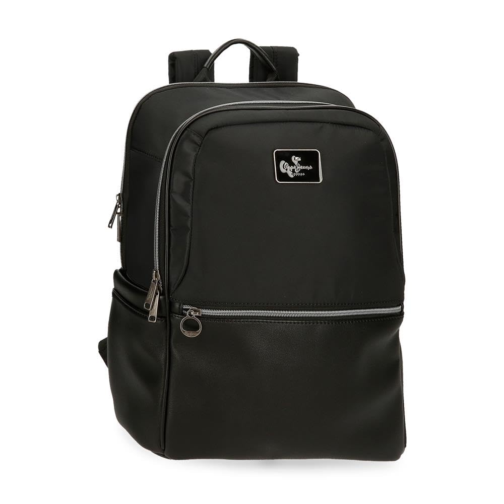 Pepe Jeans Christine Mochila para Portátil Portátil 15,6 Pulgadas Negro 29x40x11 cms Poliéster con Detalles en Piel Sintética 15,6L by Joumma Bags