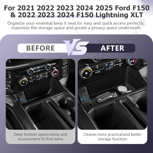 Image of LUWU Center Console Organizer for 2021-2024 2025 Ford F150 & 2022-2024 F150 Lightning XLT Hidden Storage Tray Lower Storage Box 2025 F150 Accessories Fits into The Open Pocket in Front of The Shifter