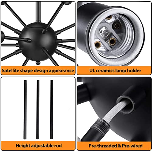 Elibbren Vintage Pendant Light E26 Base Modern Black Sputnik Chandeliers 12- Light，Industrial Hanging Pendant Light Fixture For Kitchen Dining Room Bedroom Study Living Room #TOP2