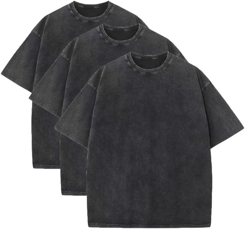 3 Pack Men's Oversized Heavy Cotton T-Shirts Vintage Tee Loose Fit Short Sleeve Casual Shirts for Men