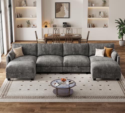 Image of Modular Sectional Sofa, 132 inch U Shaped Couch with Storage, Chenille | High Resilience Foam, 22 inch Seat Depth, Movable Ottoman, Comfy Chenille, Easy Assembly, Dark Gray