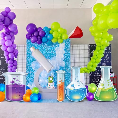 Image of 4 Pcs Science Party Decorations Lab Theme Party Supplies Chemistry Laboratory Standees Scientist Birthday Decor Erlenmeyer Flask Prop Sign for Lab Week Stem Scientist Theme Birthday