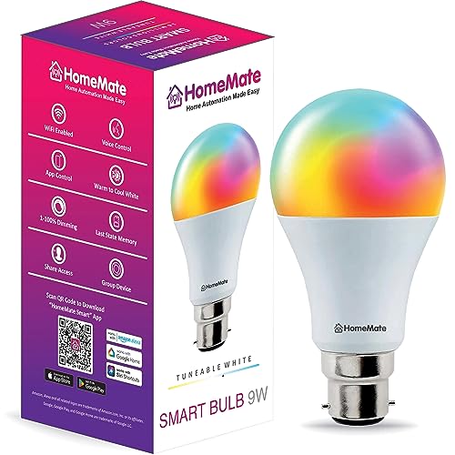 HomeMate Wi-Fi RGB+CCT Smart LED Bulb | 9 Watt, Music Sync | Last State Memory | 16 Million Colors | Warm and Cool White | Compatible with Alexa, Goog