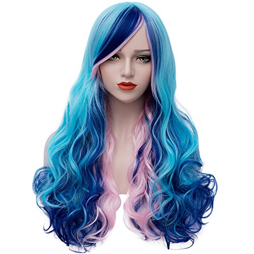 YIMANEILI Blue Mermaid Costume Wig Women Long Curly Wavy Wigs Colorful Wigs with Bangs Party Wig with Free Wig Cap (Blue Mixed Pink) YM203, 27 Inch (Pack of 1)