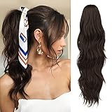 FESHFNE Pferdeschwanz Haarteil Lang Gewellt, 50 cm Extensions Zopf Claw Clip Wavy Ponytail Extension Synthetik Haarverlängerung Zopf Dunkelbraun für Frauen Damen