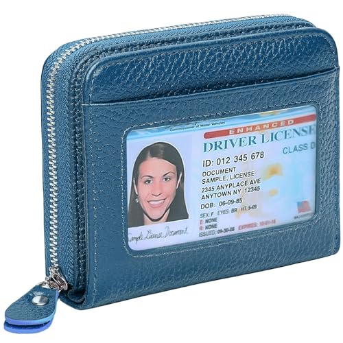 Genuine Leather Wallet for Women & Men, RFID Blocking Bifold with ID Window and Multiple Card Pockets (Aa-Blue)