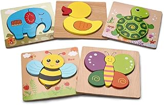 5 Pcs Wooden Jigsaws, Baicomia Peg Puzzle Game for Boys, Girls, Educational Montessori Learning Toys for Toddlers, Gifts and Games Toy for Kids (Animal 1)