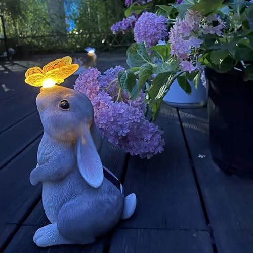 onenine Garden Outdoor Decor-Rabbit Resin with Solar Butterfly Light Garden Statues Outsides Decorations for Rabbit Lovers Gardeners Family with Pets,Ornament Gift for Patio Yard Lawn Porch.