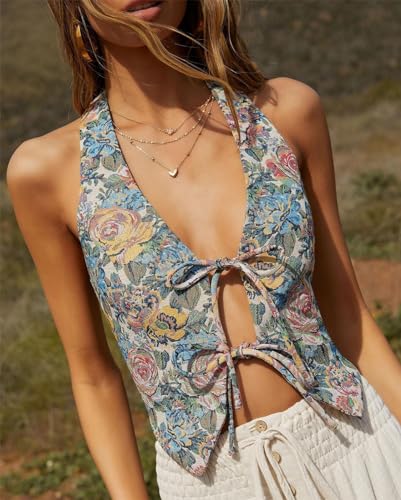 Tie Front Crop Tank Tops for Women Y2K Sleeveless Floral Camisole Lace Trim Sheer Vest Top Vintage Aesthetic Teens3