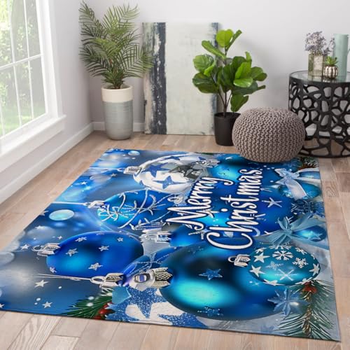 Tapis doux et lavable Noël 160x230cm bleu antidérapant maison