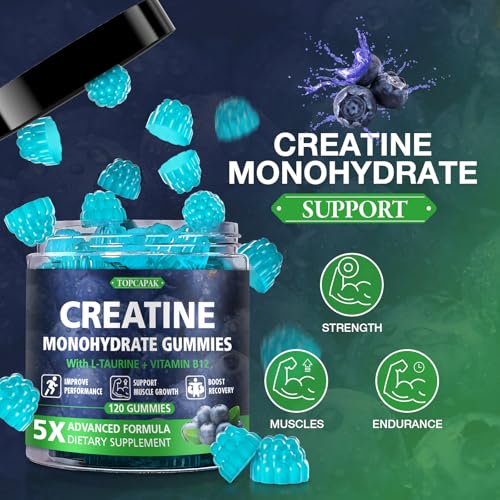 Image of Creatine Gummies for Men & Women - Chewable Creatine Monohydrate Gummies with Taurine & Vitamin B12, 5g Creatine per Serving, Blueberry Flavor, Raspberry-Shaped - 120 Count