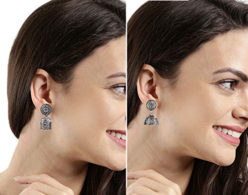 Image of Yellow Chimes Earrings for Women & Girls | Traditional Silver Oxidised Jhumka | German Silver Oxidized Drop Earring Set | Earrings Combo | Accessories Jewellery | Birthday & Anniversary Gift