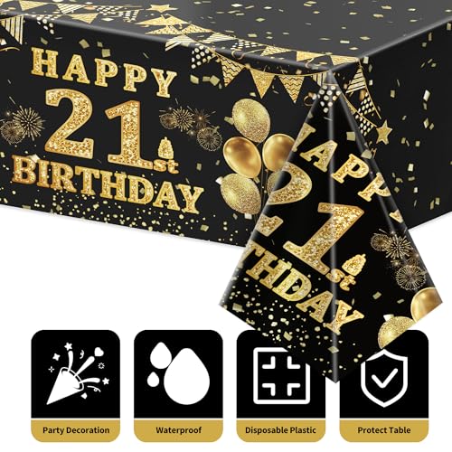 Image of Labeol 3 Pack 21st Birthday Tablecloth, Black and Gold Happy 21st Birthday Decorations, Disposable Plastic Rectangular Table Cover Party Supplies
