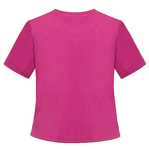Image of Sunny Fashion Girls T-Shirt Crop Top Brown Lettuce Trim Ribbed Knit Button Casual