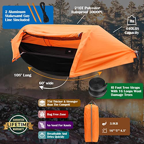 Patent Camping Hammock With Mosquito Net And Rainfly Cover, Orange/Grey #TOP5