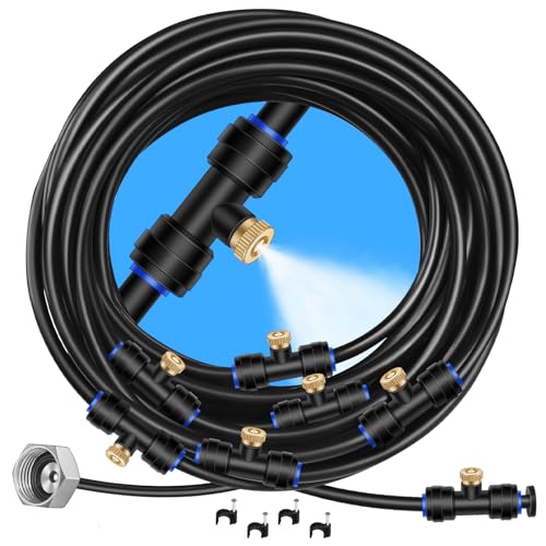 GOXAWEE Misting System, 26FT (8M) Misting Line + 7 Brass Mist Nozzles + Brass Adapter(3/4'), Misters for Outside Patio Cooling Outdoor Garden Greenhouse Trampoline for Waterpark