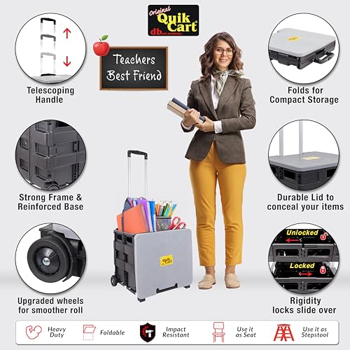 Image of dbest products Quik Cart Collapsible Rolling Crate on Wheels for Teachers Tote Basket 80 lbs Capacity, Made from Heavy Duty Plastic and Used as a Seat, Grey