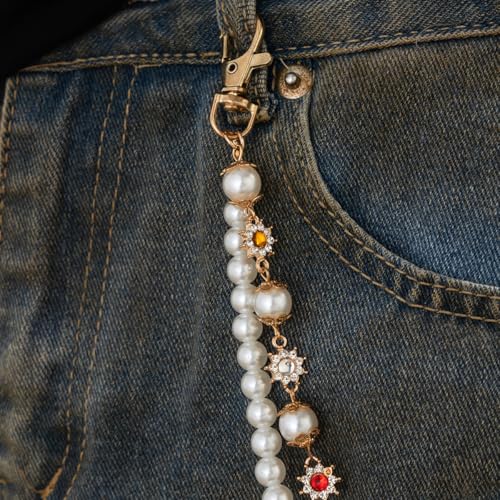 Image of Layered Wallet Pants Chains for Men Dainty Rhinestone Flower Pearl Pocket Jeans Wallet Chain Punk Jewelry Gift for Women