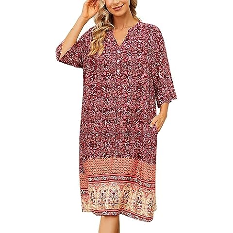 AVIIER House Dresses for Women 3/4 Sleeve Print Flora Nightgowns Duster Housecoats with Pockets Red Flower XXL Cover