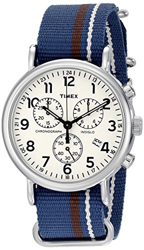 Timex Unisex TW2P62400 Weekender Chrono Oversize Blue/Cream/Brown Striped Slip-Thru Nylon Strap Watch