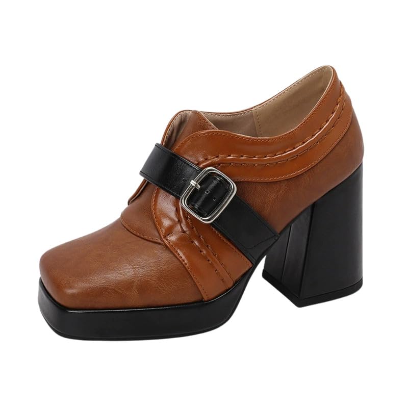 Buckle Square Head Women’s Shoes Thick Bottom Thick Heel PU Rubber Sole Shoes-image-12