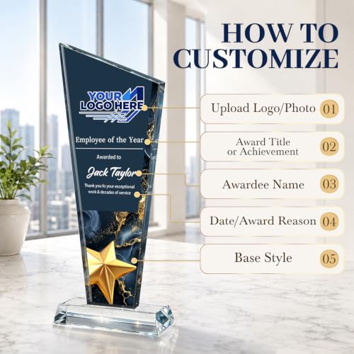 Image of Custom Crystal Trophy Award Personalized Plaque Award with Text Logo Photo Awards Trophies for Employee Recognition Team Graduation Personalized Office Gifts for Boss Coworker Teacher
