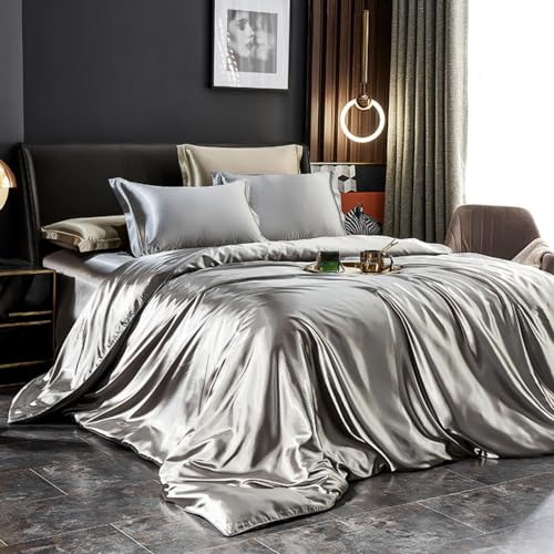 Freyamy Housse de Couette Satin 240x260cm+2 Taie d'oreiller 65x65cm Gris Unie Luxe Parure de lit 2...