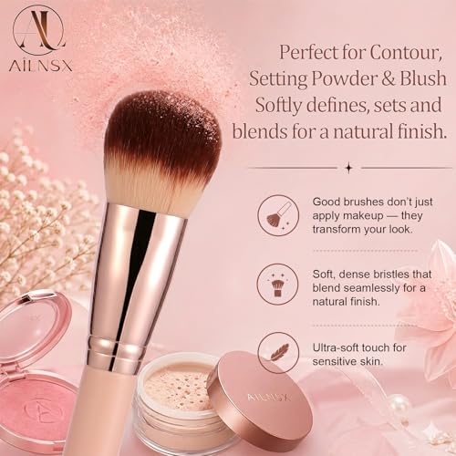 Image of Makeup Brush, Large Powder Brush for Face Makeup, Soft Fluffy Face Brush for Setting Powder, Blush, Bronzer and Powder Foundation, Pink Handle Rose Gold Ferrule