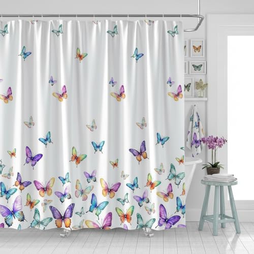 UOZXOML Colorful Butterflies Shower Curtain Rainbow Colors Butterfly Animals Aesthetic Women Girls Spring Garden Print Fabric Bathroom Decor Curtains with Hooks 70 x 70