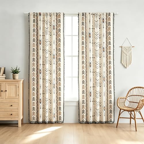 Coral Fish Boho Curtains Bohemian Window Treatments with Tassels Fringe & Geometric Print for Bedroom Kitchen Bathroom Light-Filtering Cotton Drapes, Rod Pocket, 59" W x 63" L, 2 Panels