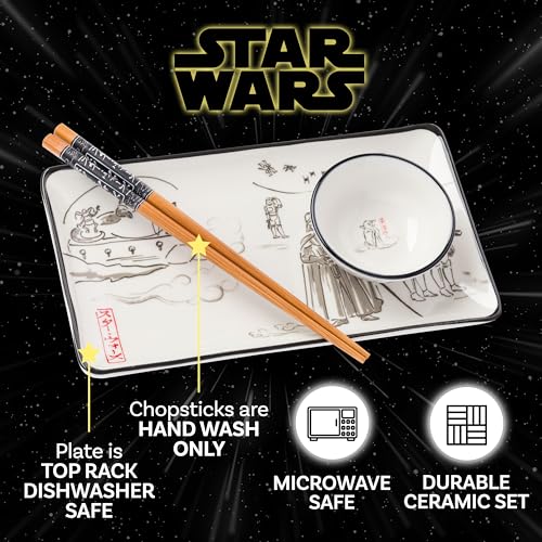 Image of Silver Buffalo Star Wars Watercolor Japanese Art Featuring Jabba the Hutt, Darth Vader, Stormtroopers Ceramic Sushi Set with Dipping Sauce Dish and Matching Chopsticks