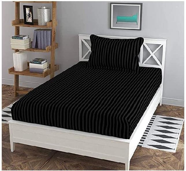 Castiqa Satin Fabric Soft and Breathable Stripes Pattern King Size Flat Single Bed Bedsheet Set with Pillow Cover Tc-150 (Single (1+1), Black)