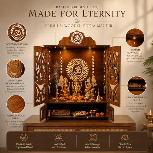 Image of SIGNAMIO Mandir for Home with Door & LED Light | Wooden MDF Pooja Temple | Temple for Home with Door | Wall Mounted Hanging Home Temple with Storage Drawer