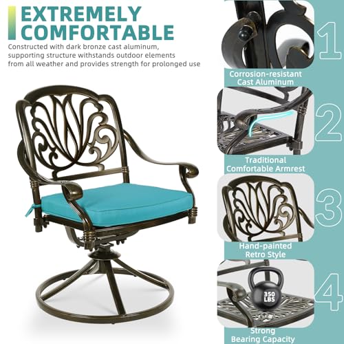 Image of MEETWARM 7-Piece Outdoor Patio Dining Set, All-Weather Cast Aluminum Patio Conversation Set with 2 Swivel Rocker Chairs, 4 Stationary, 1 Rectangular Table, 6 Cushions, 2 inch Umbrella Hole, Ocean Blue