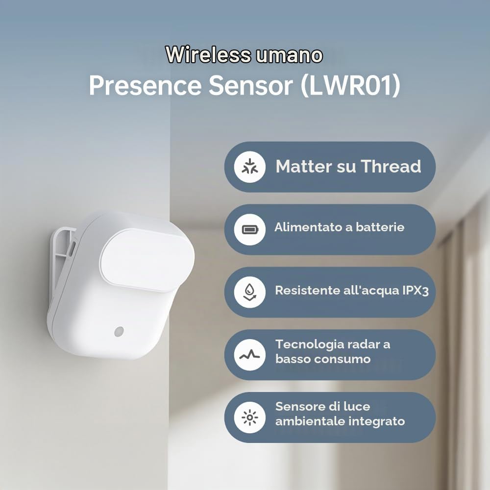 Wireless Human Presence Sensor LWR01, mmWave Radar, Occupancy & Motion Sensor, Battery-powered, IPX3 Water Resistant, Matter Over Thread, Requires Thread-Compatible Smart Home Hub/Router
