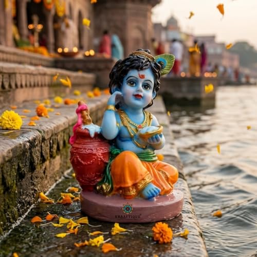 Image of Bal Gopal Baby Krishna Idol with Makhan Matki & Flute | Makhanchor Murti for Home Temple | Kanha Ji Thakur Ji Statue, Handcrafted Marble Dust Krishna Showpiece for Pooja Room, Janmashtami Gift (10 cm)