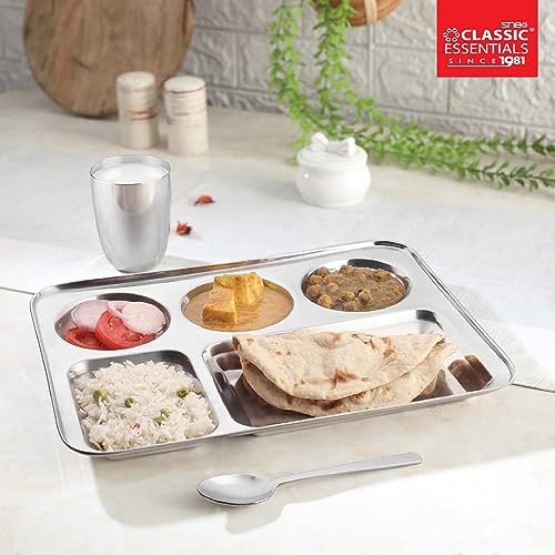 Image of CLASSIC ESSENTIALS Stainless Steel Compartment Plate Bhojan Thali (Five-in-One), Lunch /Dinner Plate | Pack of 6