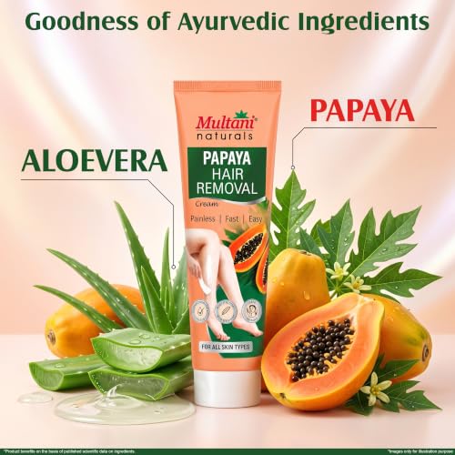 Image of Multani Naturals Papaya Hair Removal Cream 60 ml (Pack of 2) | Suitable for Most Skin Types | Removes Hair in Minutes | Exfoliating formula Enriched with Papaya Fragrance and Vitamin E | Painless, Easy, and Effective Hair Removal for Men and Women