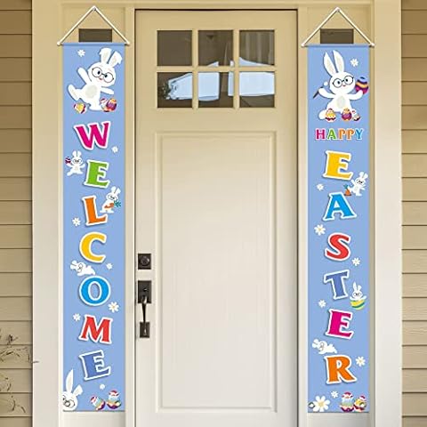 Easter Porch Sign Welcome Porch Sign Happy Easter Hanging Banners artoon Rabbit Bunny Egg Door Sign Blue Easter Spring Door Banner for Easter Home Outdoor Indoor Wall Front Door Decorations Cover