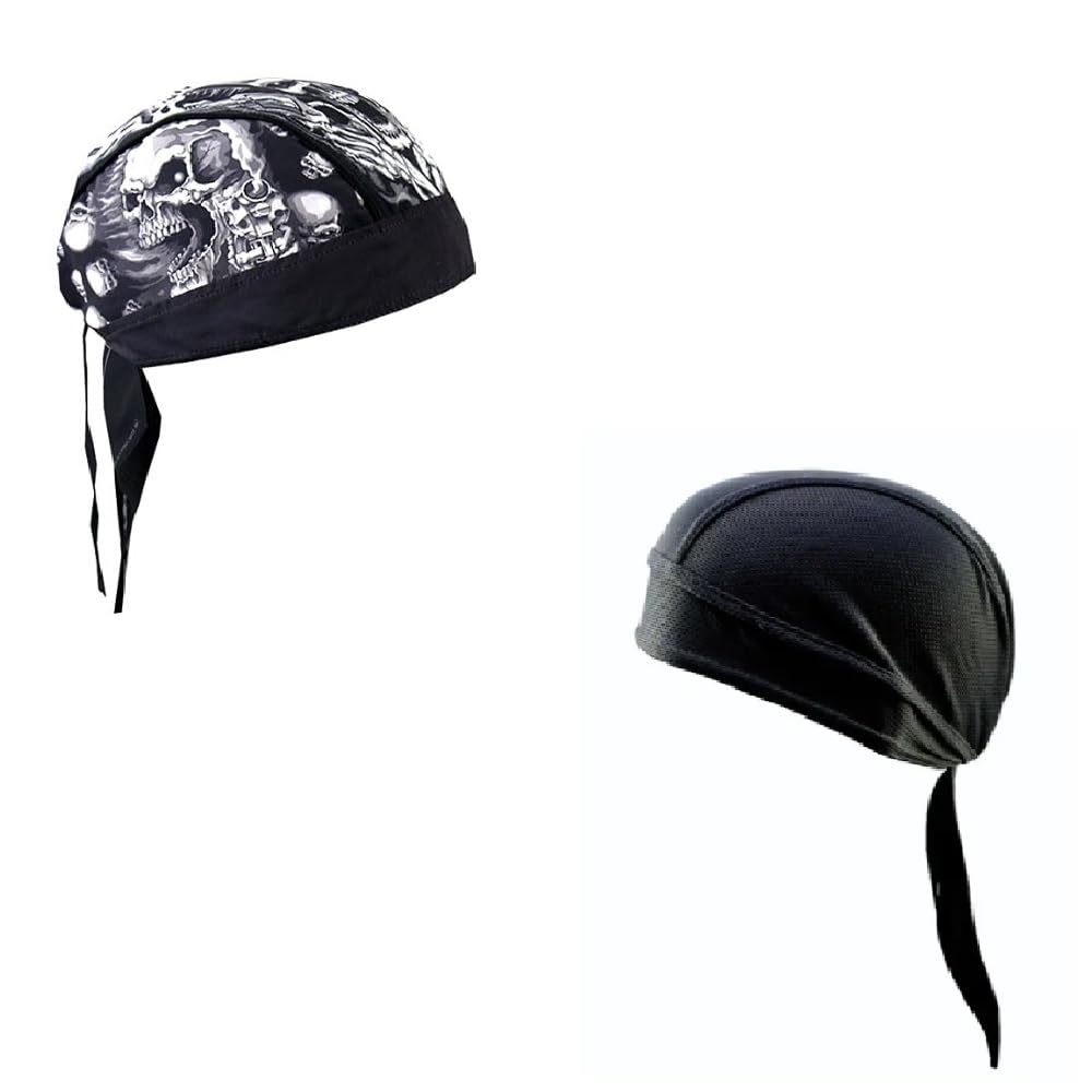 Generic Lot or Set of 2 Black White Assassin Gangster Skull and Solid Black Moisture Wicking Headwrap Durag