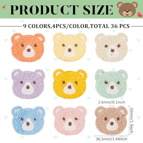 FINGERINSPIRE 36 Pcs Crochet Bear Head Applique Patches 9 Colors Little Bear Head Crochet Knitted Cloth Appliques Sew On Patches Repair Patch for Jacket Dress Clothes Bags DIY Accessories - Image 2