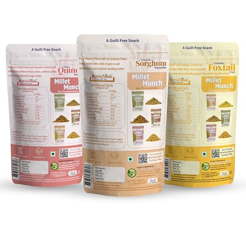 Image of Nutriefoods Millet Munch Snack, 100% Roasted Millets & Guilt Free Snack, Nutritious Munch, Bajra, Jawar, Ragi, Qquinoa, Foxtail Snack (Sorghum, Foxtail and Quinoa (Pack of 3), 300gm)