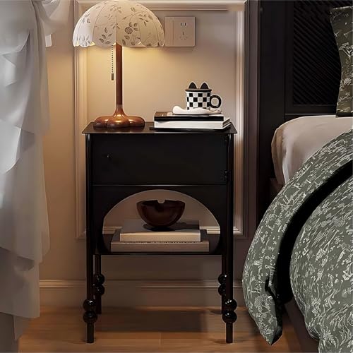 Mesita de noche de metal negro con 1 cajón y estante inferior abierto, no requiere montaje, ideal para dormitorio, sala de estar y espacios pequeños