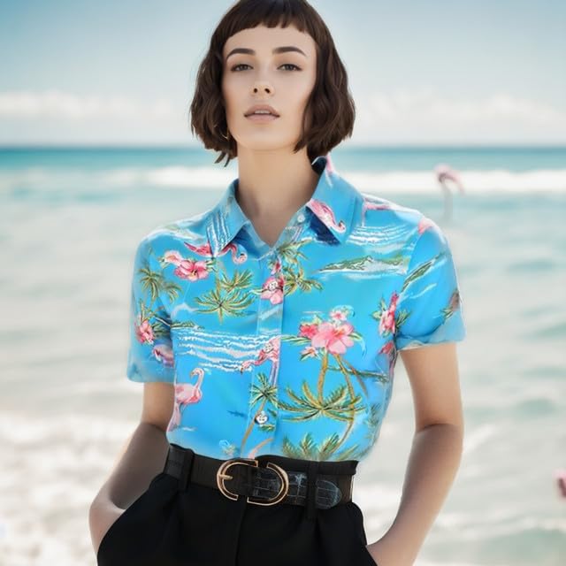 SSLR Hawaiian Shirts for Women Flamingo Shirt Tropical Shirts for Women Summer Casual Short Sleeve3