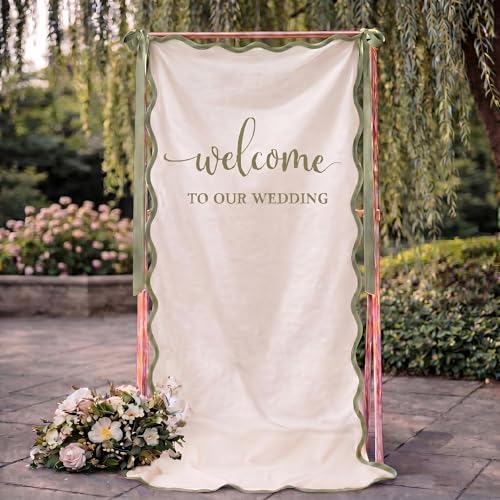 Tingjoo Wedding Welcome Sign with Scallop Edge 27 x 78 Inch Welcome to Our Wedding Fabric Bridal Shower Sign with Ribbons for Engagement Bridal Shower Ceremony Reception Backdrop Decorations(Green)