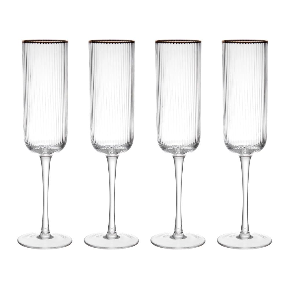 MIKASA Sorrento Ridged Crystal Champagne Flute Glasses with Gold Rim and Wide Shape, 200ml, Set of 4 Lead-Free, Clear Fine Glasses, Sleek Design for Celebrations