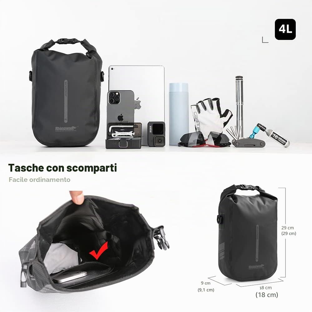 Rhinowalk Borsa per forcella anteriore della bici, impermeabile, 4-6 l, a sgancio rapido, per bicicletta, ciclismo, touring
