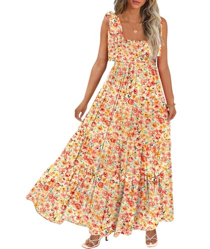 Image of CURBODO Women's Summer Maxi Dress Boho Spaghetti Straps Casual Long A-line Smocked Beach Dress Square Neck Flowy Sun Dress
