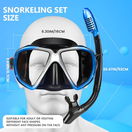 Image of Adult Snorkel Set, Professional Snorkeling Gear Panoramic Anti-Fog Diving Goggles and Dry Snorkel Tempered Glass Scuba Mask for Diving, Snorkeling and Swimming (Blue-Silver Set)