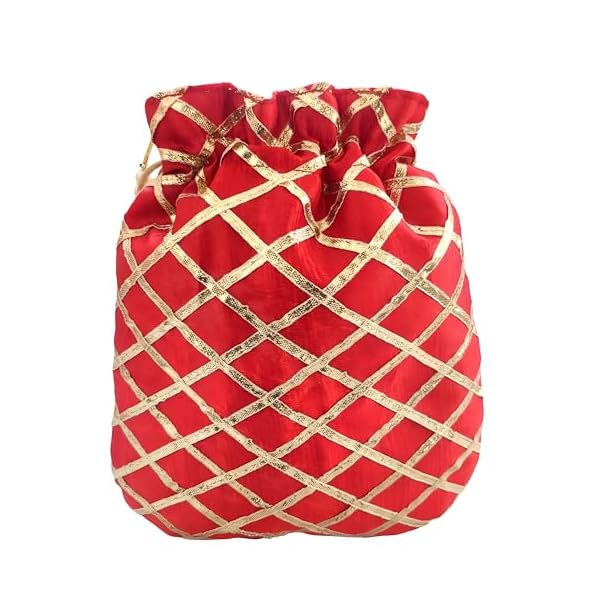 DUCHESS Women's Gota Patti Red Potli Bag Purse with Pearl Handle (Pack of 10) - Image 5